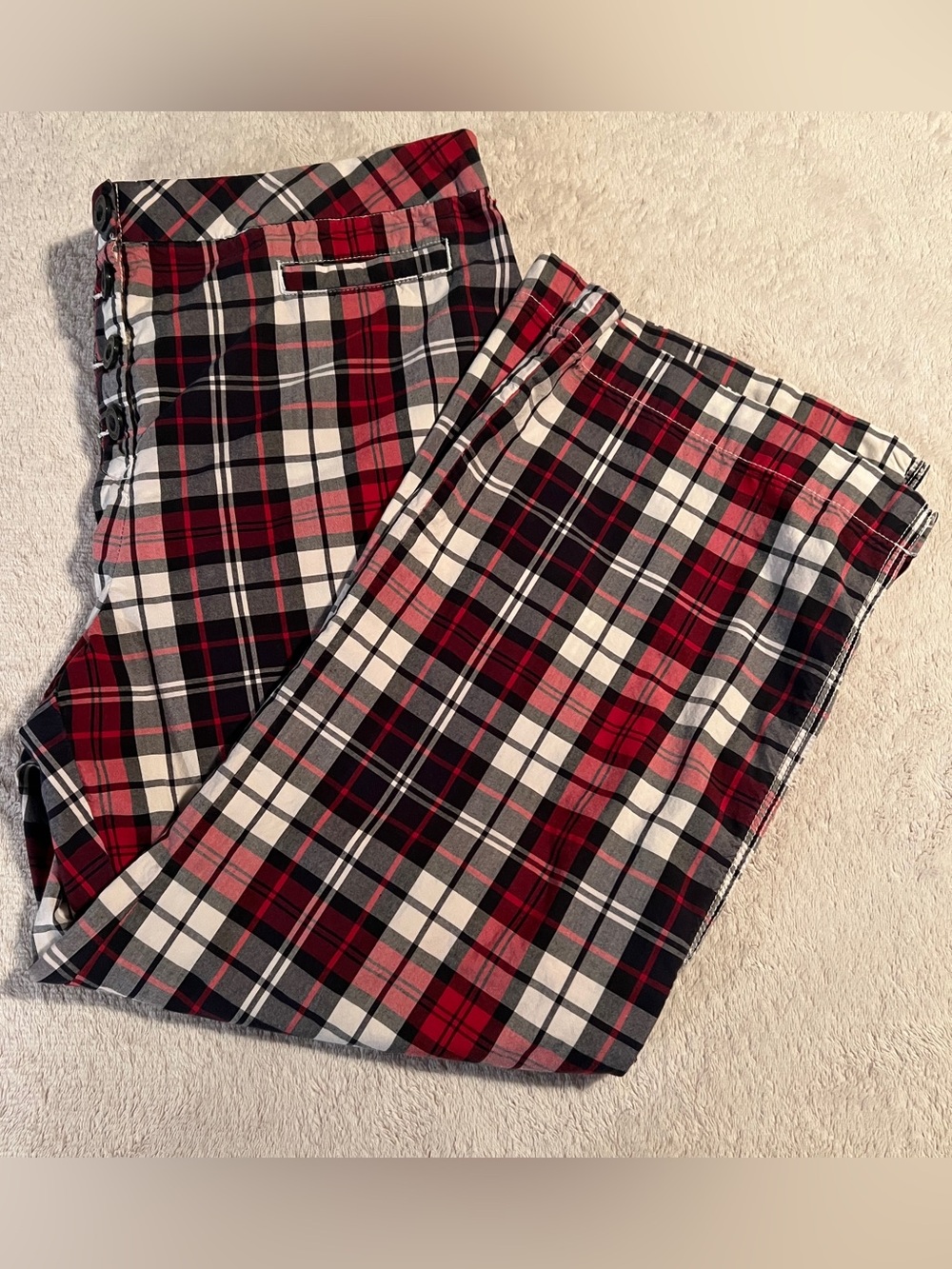 Tommy Hilfiger Red Black Tartan Plaid Women Capri Button 100% Cotton Pants 12